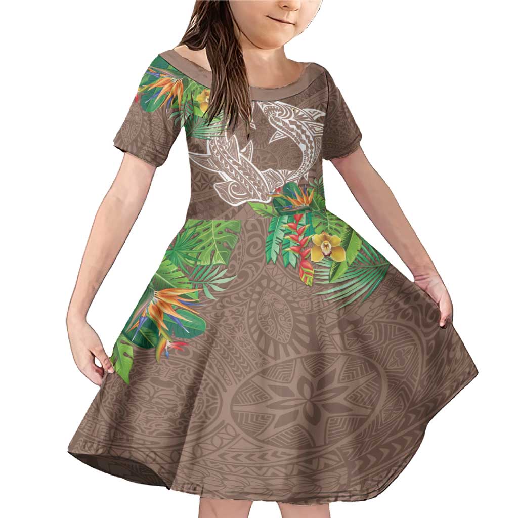 Polynesia Family Matching Mermaid Dress and Hawaiian Shirt Sharks Duo Tropical Brown LT7 Daughter's Dress Brown - Polynesian Pride