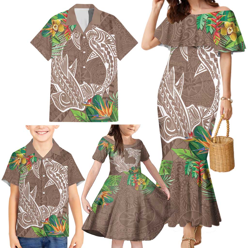 Polynesia Family Matching Mermaid Dress and Hawaiian Shirt Sharks Duo Tropical Brown