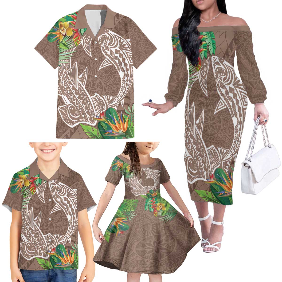 Polynesia Family Matching Off The Shoulder Long Sleeve Dress and Hawaiian Shirt Sharks Duo Tropical Brown LT7 - Polynesian Pride