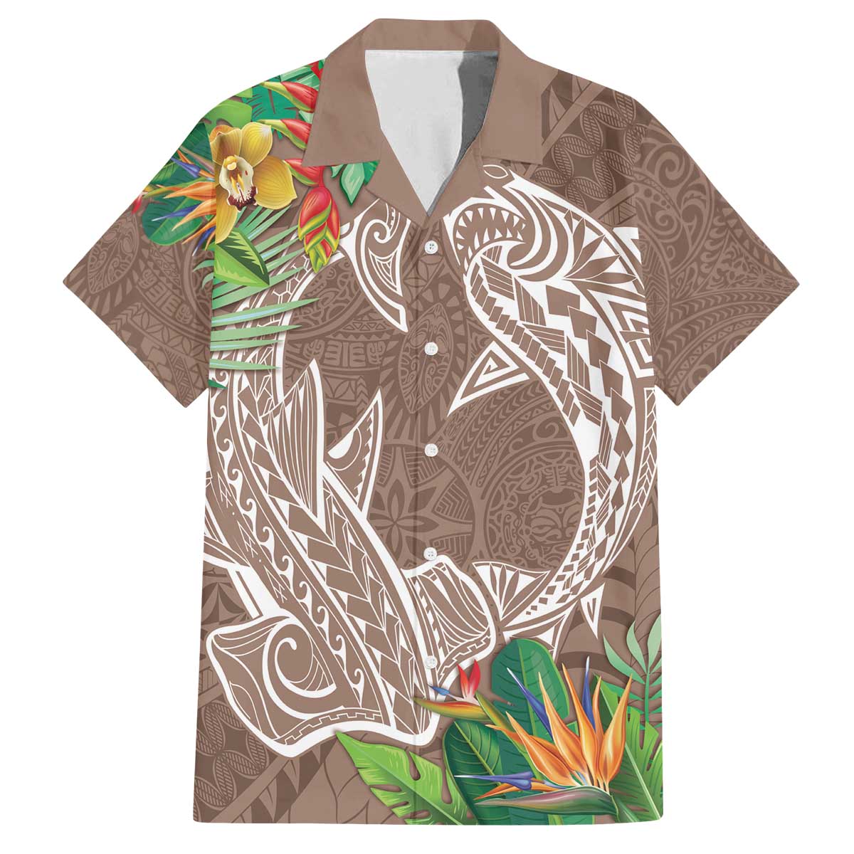 Polynesia Family Matching Off The Shoulder Long Sleeve Dress and Hawaiian Shirt Sharks Duo Tropical Brown LT7 Dad's Shirt - Short Sleeve Brown - Polynesian Pride