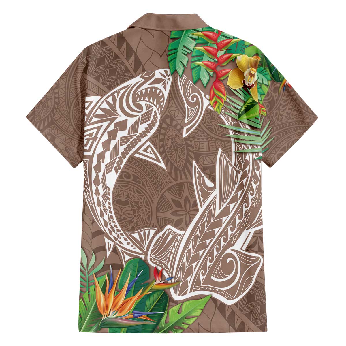 Polynesia Family Matching Off The Shoulder Long Sleeve Dress and Hawaiian Shirt Sharks Duo Tropical Brown LT7 - Polynesian Pride