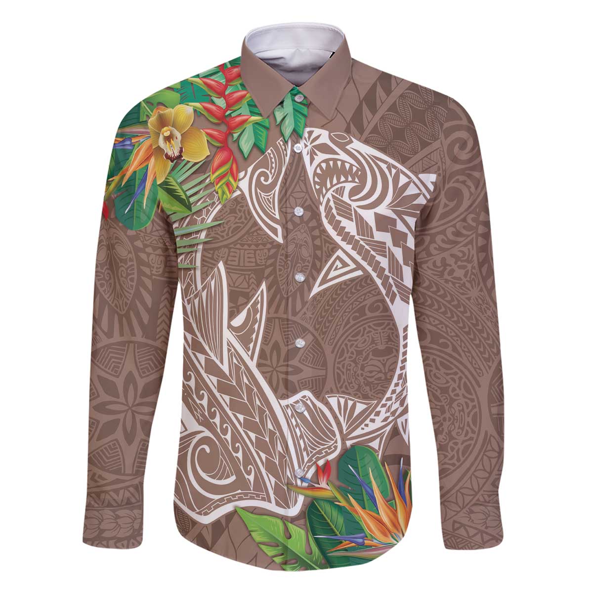 Polynesia Family Matching Off The Shoulder Long Sleeve Dress and Hawaiian Shirt Sharks Duo Tropical Brown LT7 Dad's Shirt - Long Sleeve Brown - Polynesian Pride