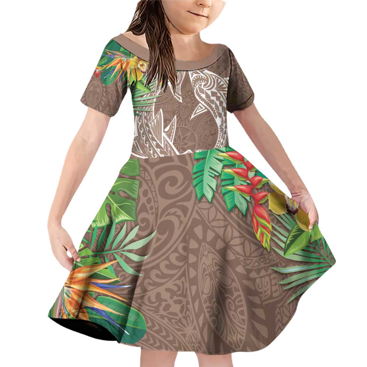 Polynesia Family Matching Off Shoulder Short Dress and Hawaiian Shirt Sharks Duo Tropical Brown