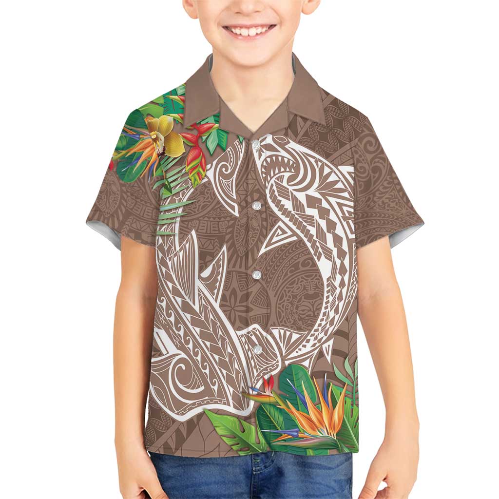 Polynesia Family Matching Tank Maxi Dress and Hawaiian Shirt Sharks Duo Tropical Brown LT7 Son's Shirt Brown - Polynesian Pride