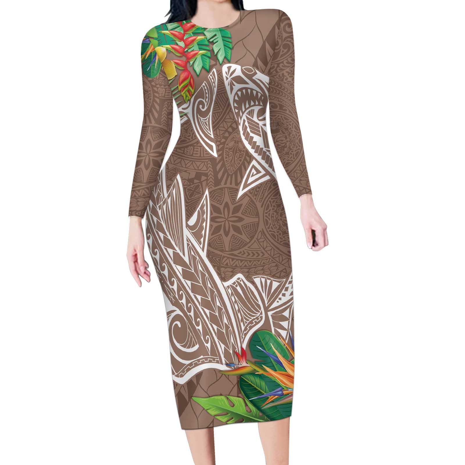 Polynesia Long Sleeve Bodycon Dress Sharks Duo Tropical Brown LT7 Long Dress Brown - Polynesian Pride