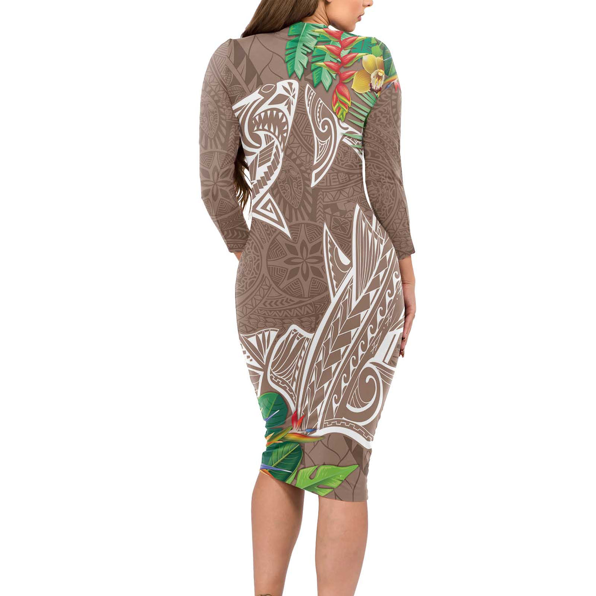 Polynesia Long Sleeve Bodycon Dress Sharks Duo Tropical Brown