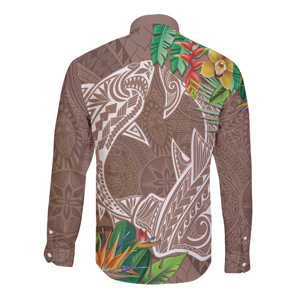 Polynesia Long Sleeve Button Shirt Sharks Duo Tropical Brown LT7 - Polynesian Pride