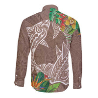 Polynesia Long Sleeve Button Shirt Sharks Duo Tropical Brown LT7 - Polynesian Pride