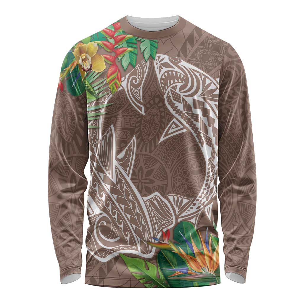 Polynesia Long Sleeve Shirt Sharks Duo Tropical Brown LT7 Unisex Brown - Polynesian Pride