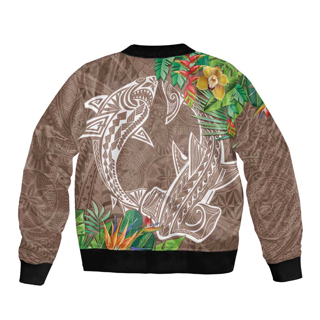 Polynesia Sleeve Zip Bomber Jacket Sharks Duo Tropical Brown LT7 - Polynesian Pride