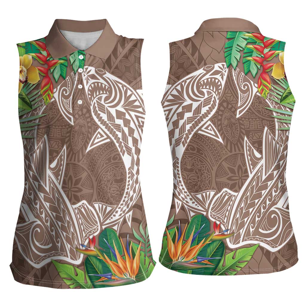 Polynesia Women Sleeveless Polo Shirt Sharks Duo Tropical Brown