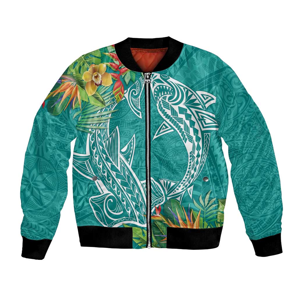 Polynesia Bomber Jacket Sharks Duo Tropical Teal LT7 Unisex Teal - Polynesian Pride
