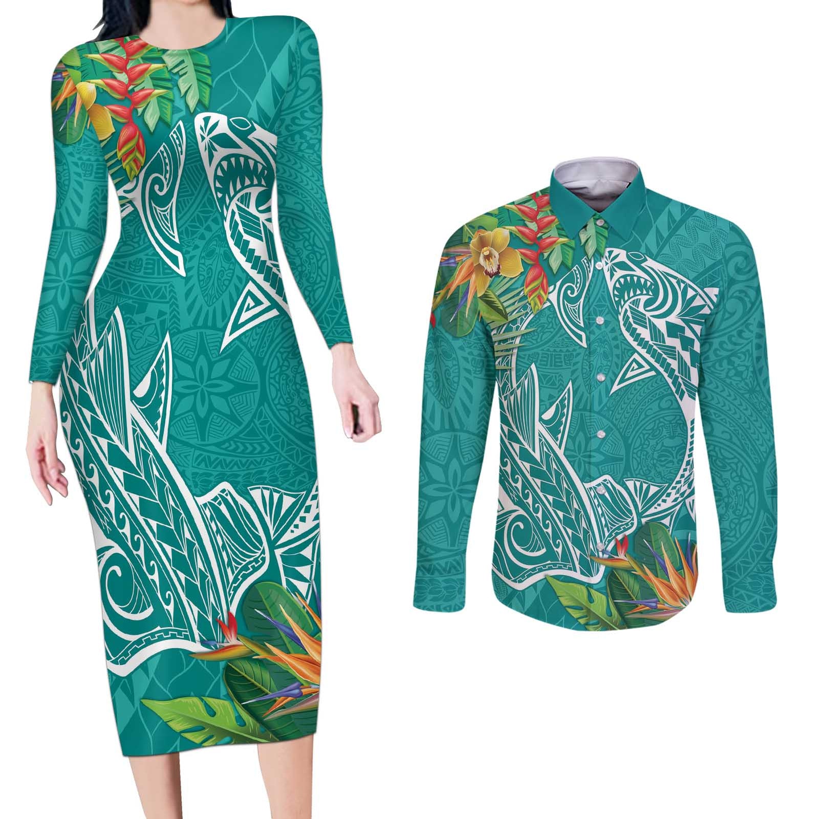 Polynesia Couples Matching Long Sleeve Bodycon Dress and Long Sleeve Button Shirt Sharks Duo Tropical Teal LT7 Teal - Polynesian Pride