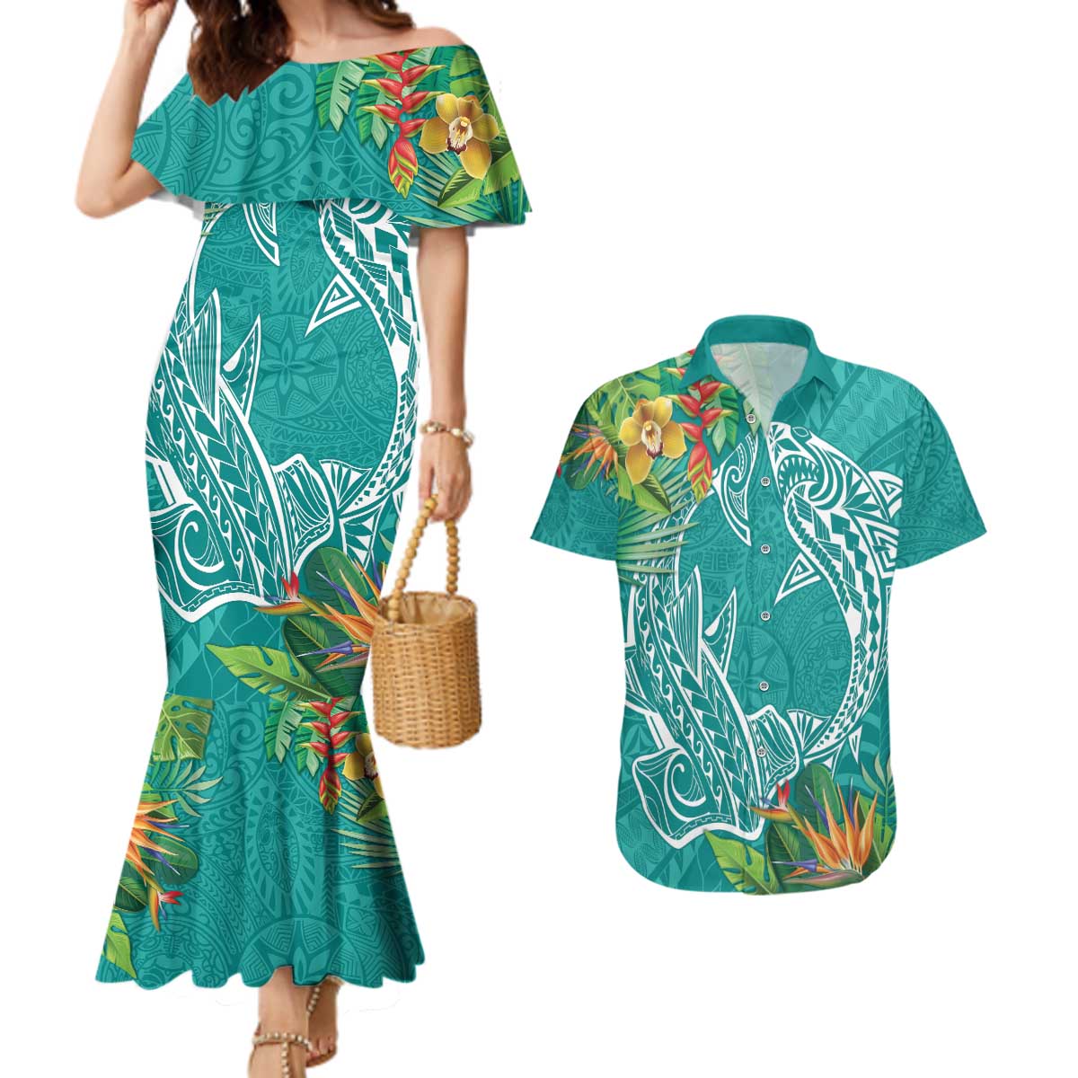 Polynesia Couples Matching Mermaid Dress and Hawaiian Shirt Sharks Duo Tropical Teal LT7 Teal - Polynesian Pride