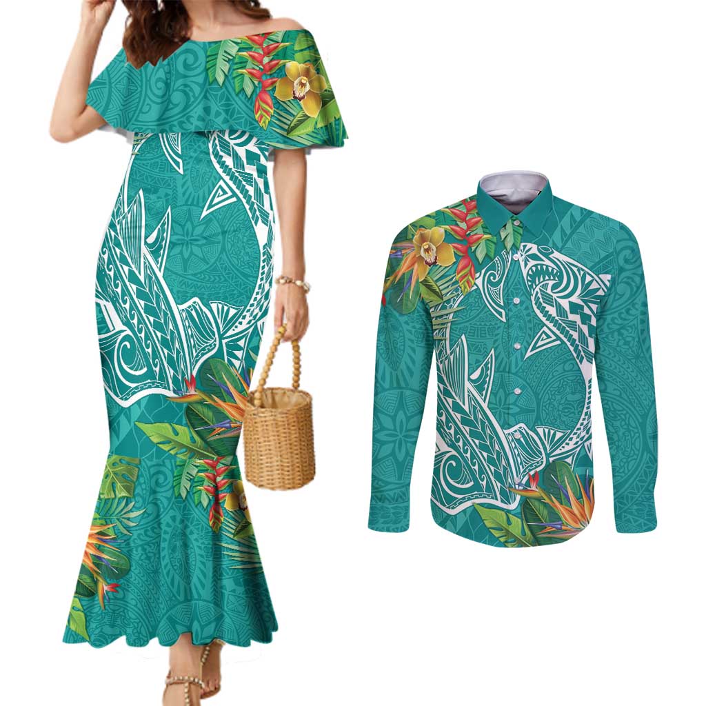 Polynesia Couples Matching Mermaid Dress and Long Sleeve Button Shirt Sharks Duo Tropical Teal
