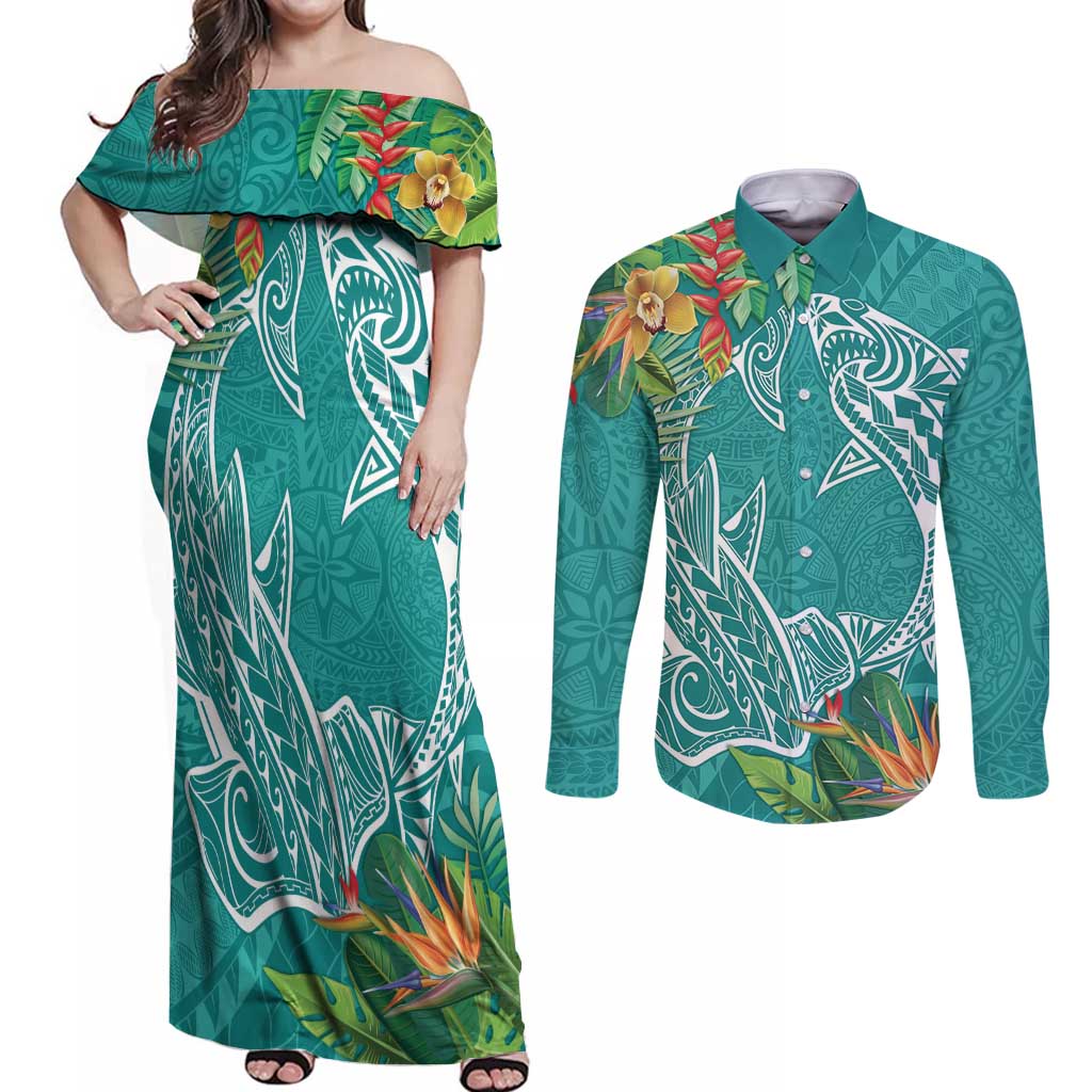 Polynesia Couples Matching Off Shoulder Maxi Dress and Long Sleeve Button Shirt Sharks Duo Tropical Teal LT7 Teal - Polynesian Pride