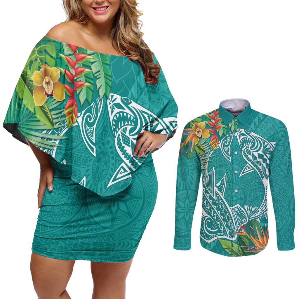 Polynesia Couples Matching Off Shoulder Short Dress and Long Sleeve Button Shirt Sharks Duo Tropical Teal LT7 Teal - Polynesian Pride