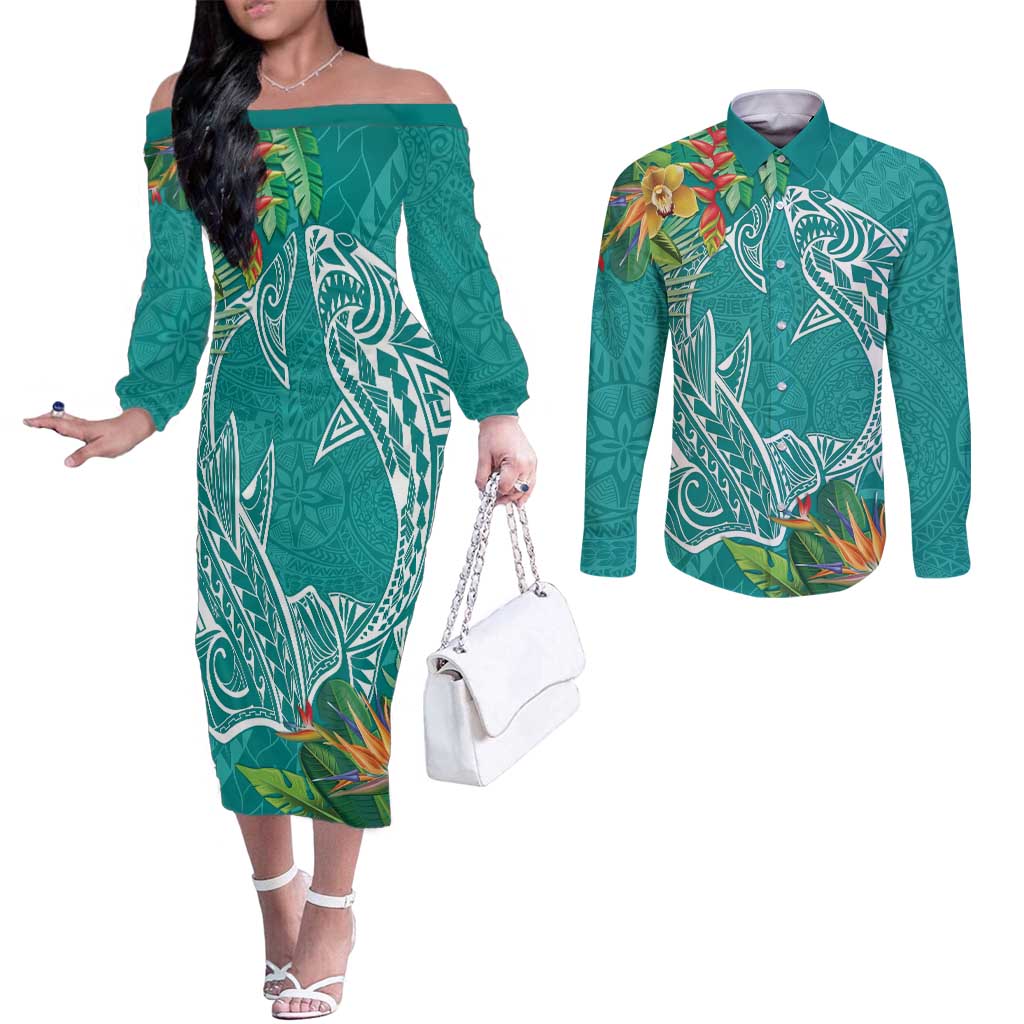 Polynesia Couples Matching Off The Shoulder Long Sleeve Dress and Long Sleeve Button Shirt Sharks Duo Tropical Teal LT7 Teal - Polynesian Pride