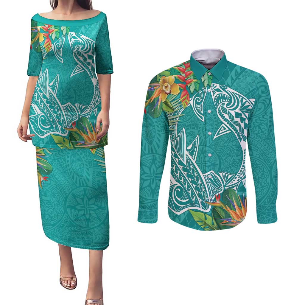 Polynesia Couples Matching Puletasi and Long Sleeve Button Shirt Sharks Duo Tropical Teal LT7 Teal - Polynesian Pride
