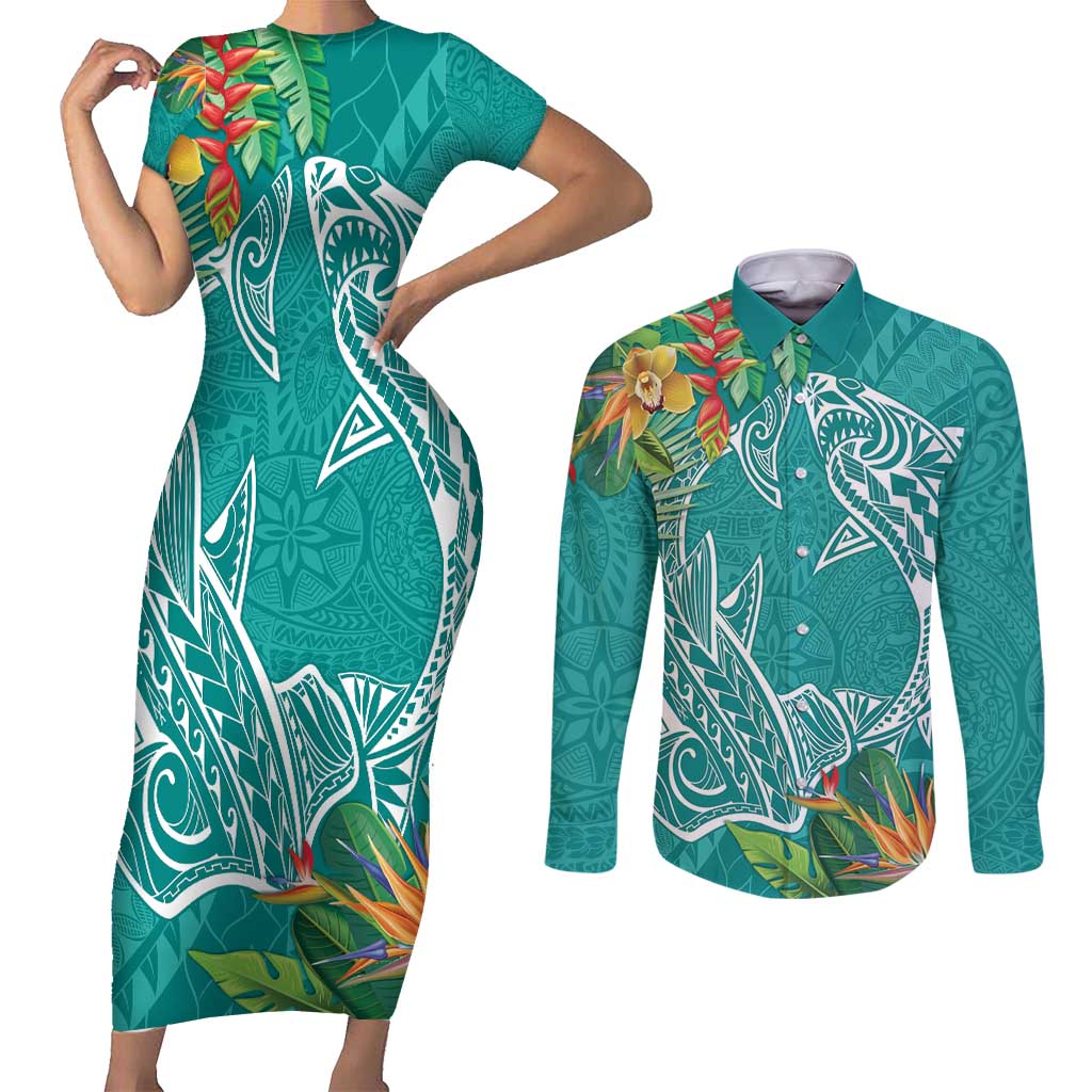 Polynesia Couples Matching Short Sleeve Bodycon Dress and Long Sleeve Button Shirt Sharks Duo Tropical Teal LT7 Teal - Polynesian Pride