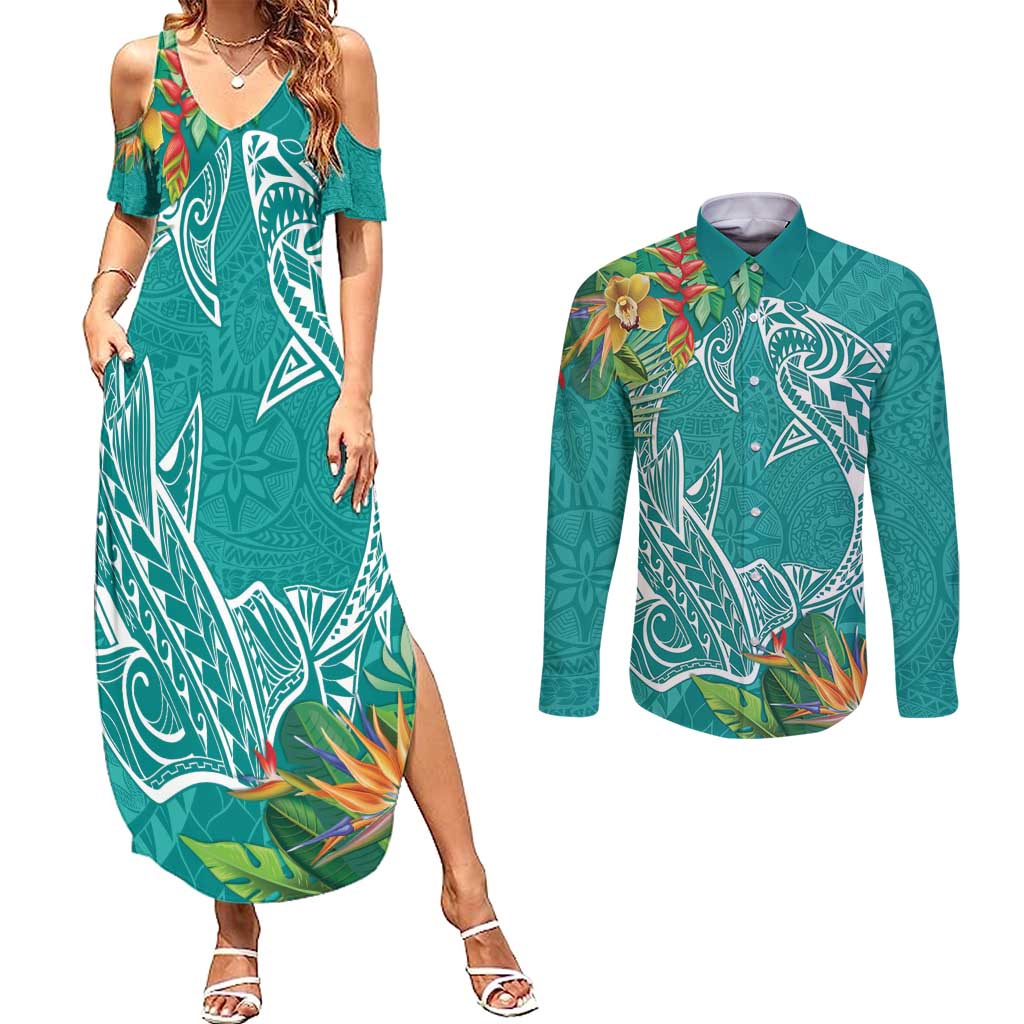 Polynesia Couples Matching Summer Maxi Dress and Long Sleeve Button Shirt Sharks Duo Tropical Teal LT7 Teal - Polynesian Pride