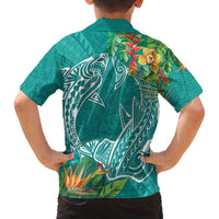 Polynesia Family Matching Off The Shoulder Long Sleeve Dress and Hawaiian Shirt Sharks Duo Tropical Teal LT7 - Polynesian Pride