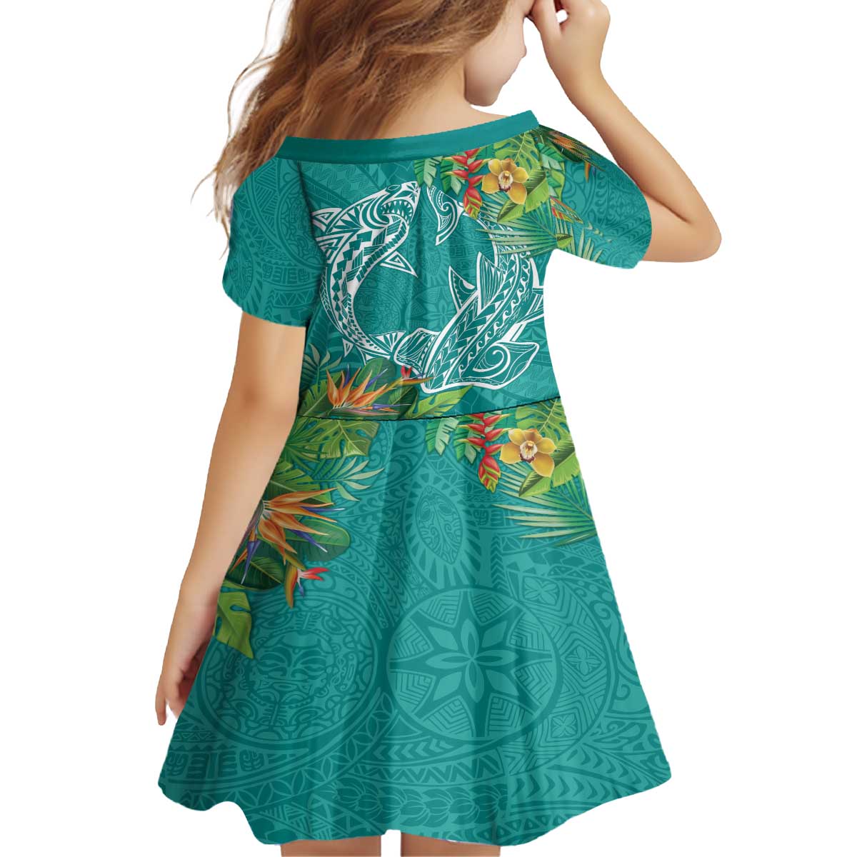 Polynesia Family Matching Off The Shoulder Long Sleeve Dress and Hawaiian Shirt Sharks Duo Tropical Teal LT7 - Polynesian Pride