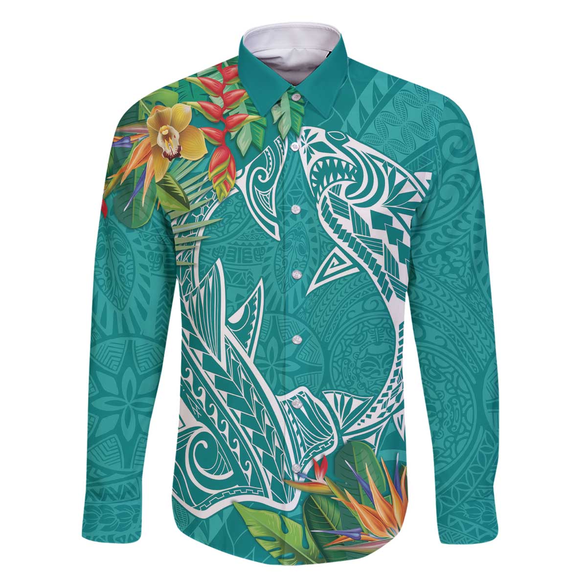 Polynesia Family Matching Off The Shoulder Long Sleeve Dress and Hawaiian Shirt Sharks Duo Tropical Teal LT7 Dad's Shirt - Long Sleeve Teal - Polynesian Pride
