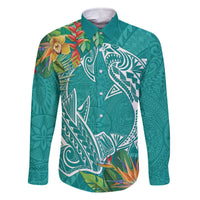Polynesia Family Matching Off The Shoulder Long Sleeve Dress and Hawaiian Shirt Sharks Duo Tropical Teal LT7 Dad's Shirt - Long Sleeve Teal - Polynesian Pride
