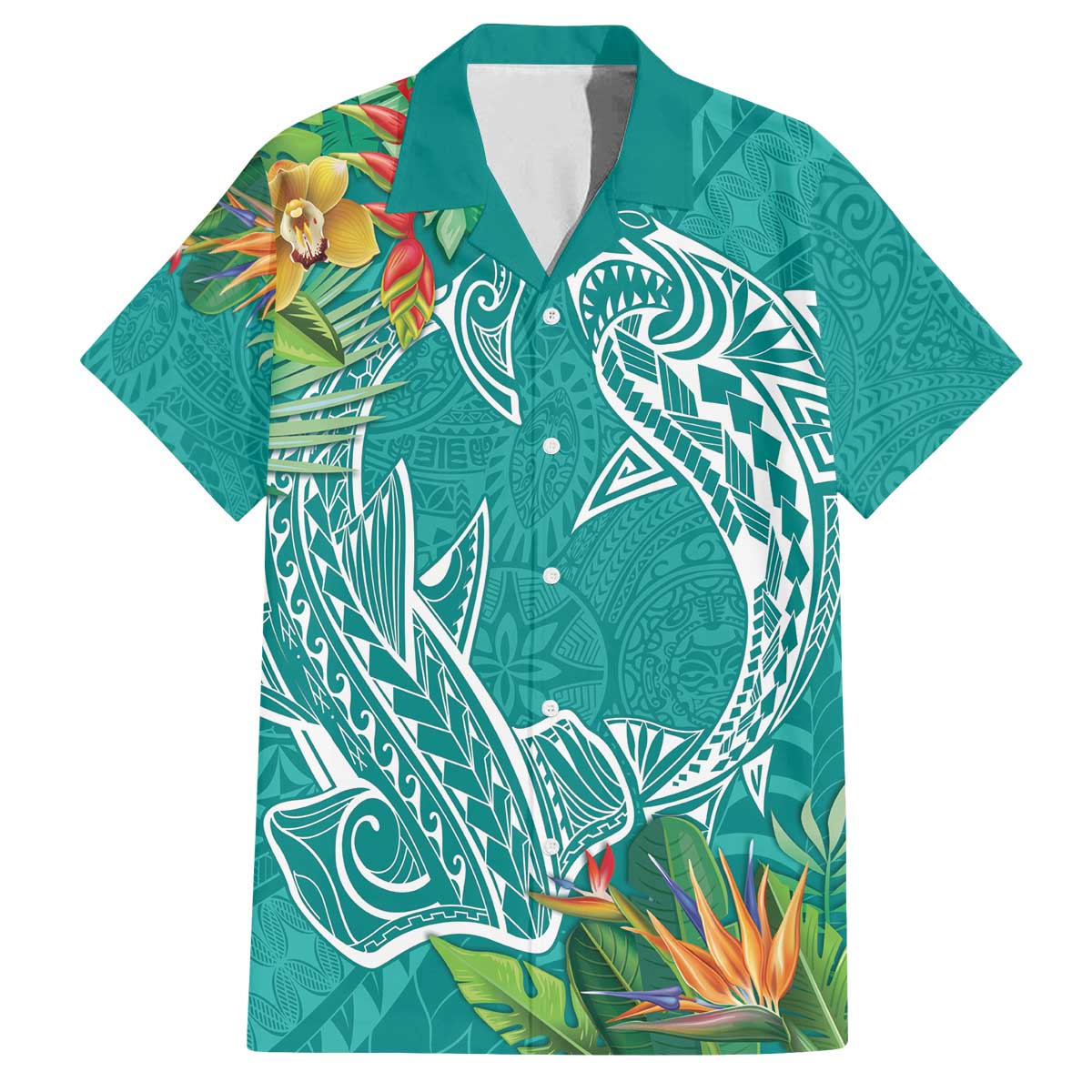 Polynesia Family Matching Puletasi and Hawaiian Shirt Sharks Duo Tropical Teal