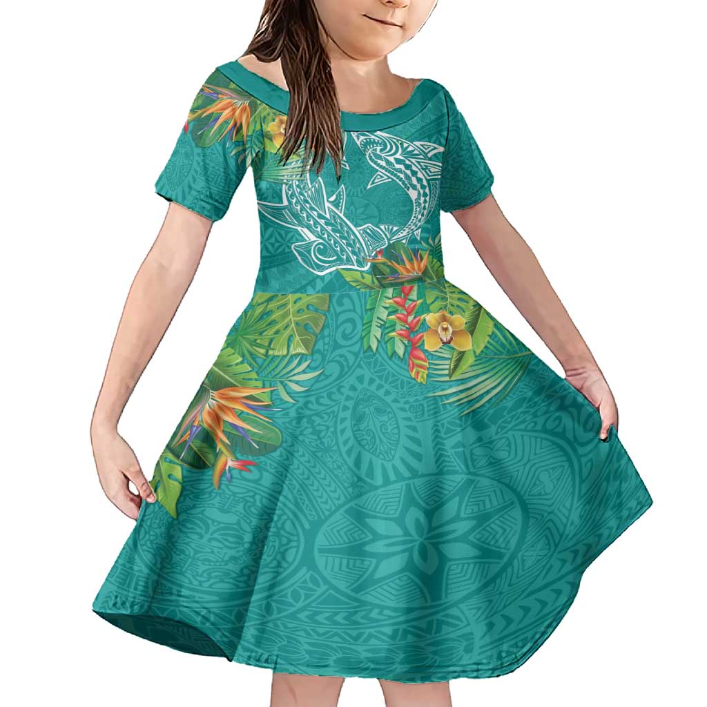 Polynesia Family Matching Short Sleeve Bodycon Dress and Hawaiian Shirt Sharks Duo Tropical Teal