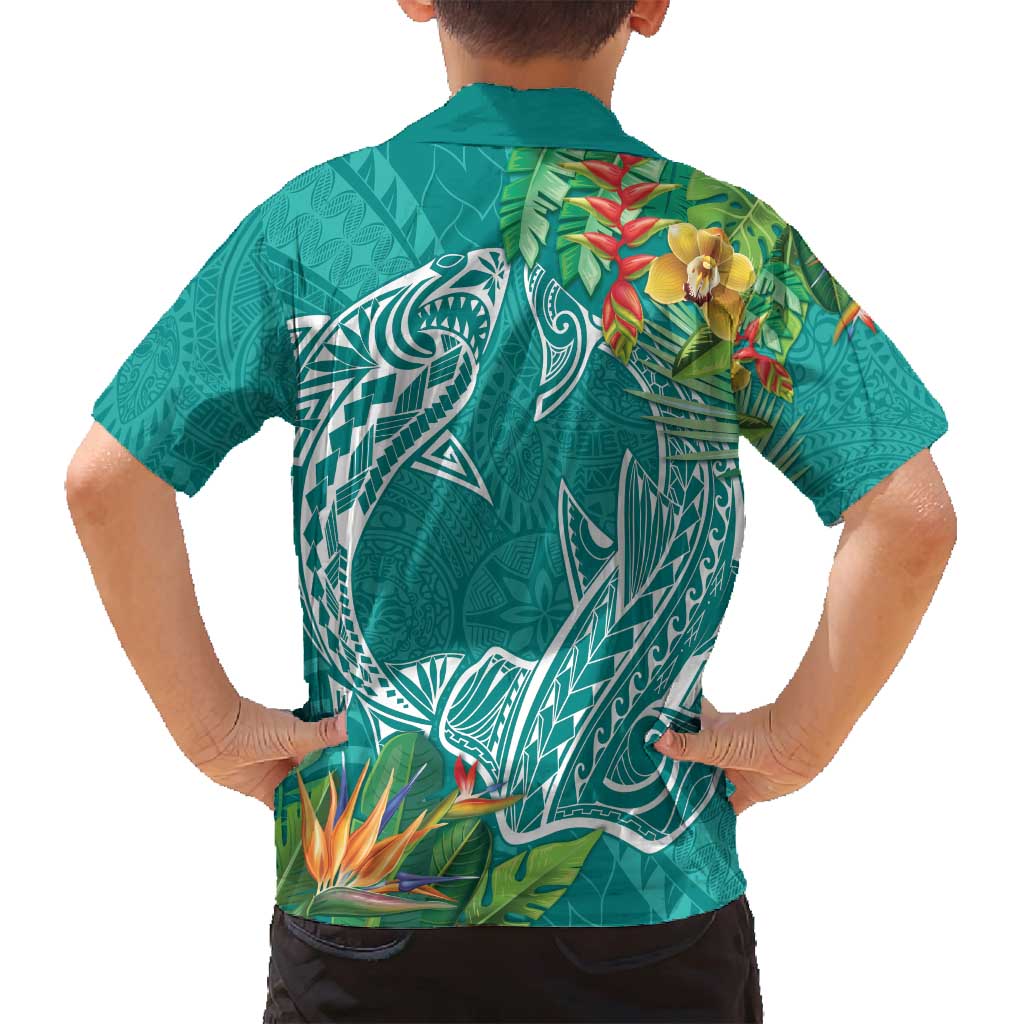 Polynesia Family Matching Summer Maxi Dress and Hawaiian Shirt Sharks Duo Tropical Teal LT7 - Polynesian Pride