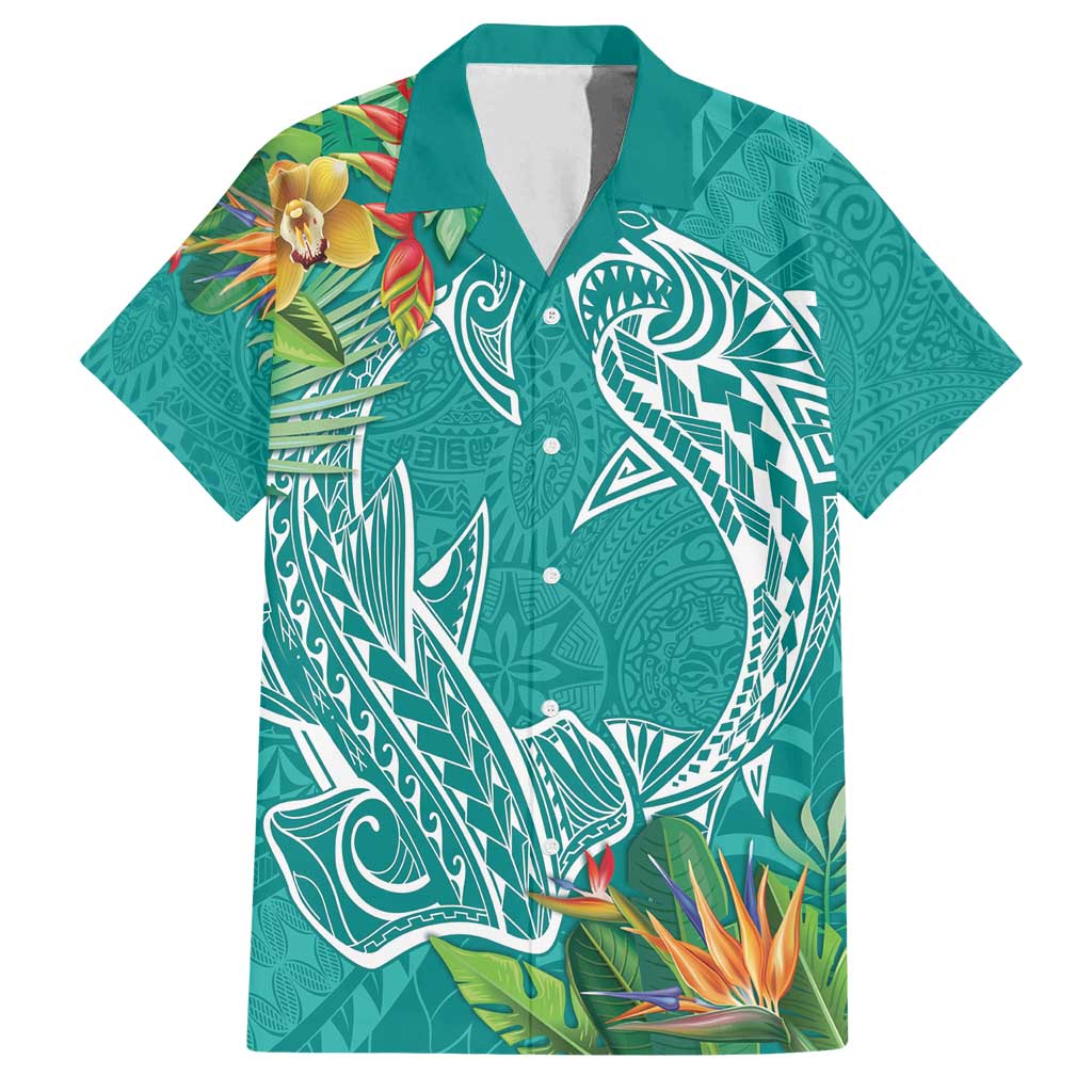 Polynesia Family Matching Summer Maxi Dress and Hawaiian Shirt Sharks Duo Tropical Teal LT7 Dad's Shirt - Short Sleeve Teal - Polynesian Pride