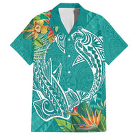 Polynesia Family Matching Summer Maxi Dress and Hawaiian Shirt Sharks Duo Tropical Teal LT7 Dad's Shirt - Short Sleeve Teal - Polynesian Pride