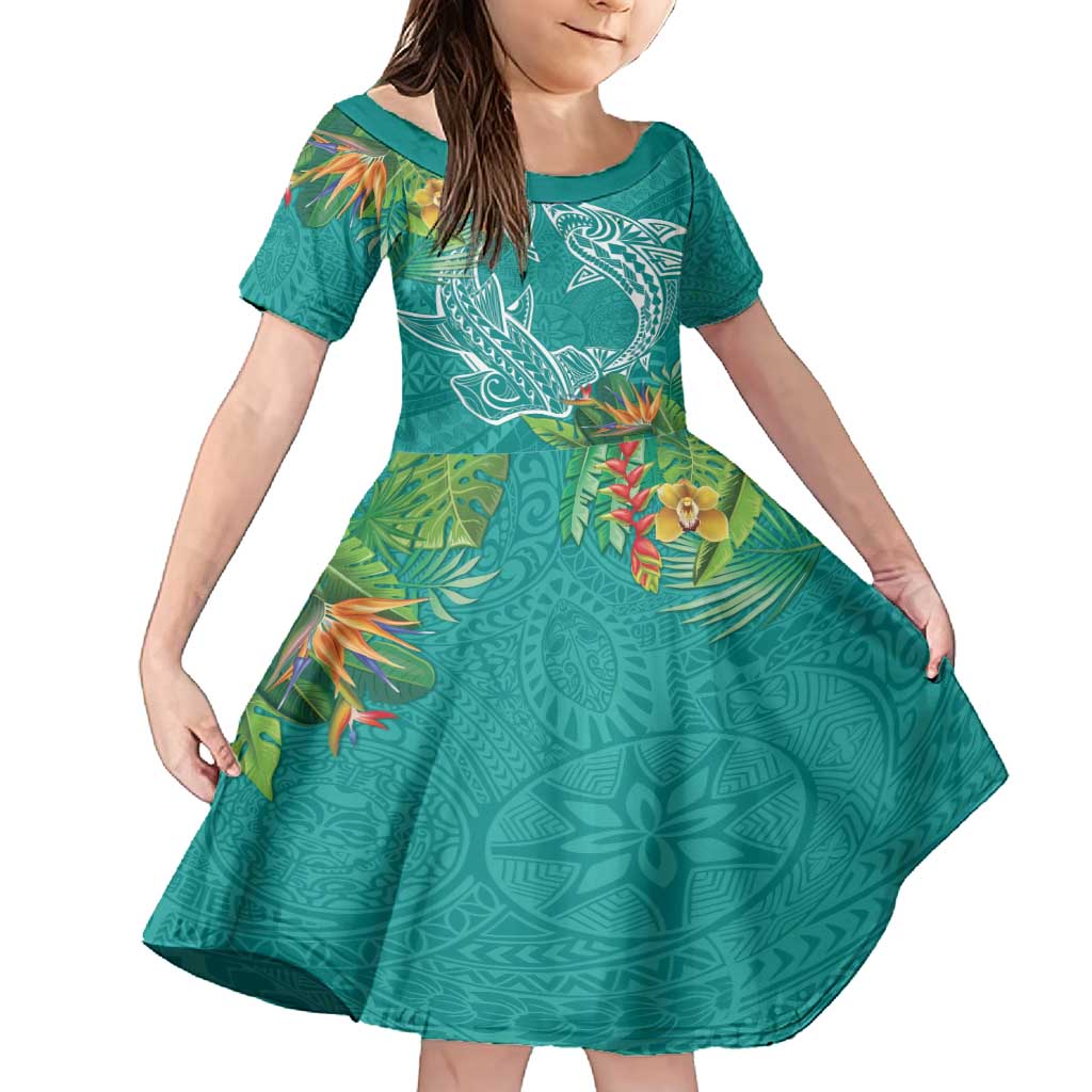 Polynesia Family Matching Tank Maxi Dress and Hawaiian Shirt Sharks Duo Tropical Teal LT7 Daughter's Dress Teal - Polynesian Pride