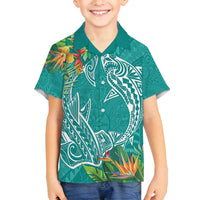 Polynesia Family Matching Tank Maxi Dress and Hawaiian Shirt Sharks Duo Tropical Teal LT7 Son's Shirt Teal - Polynesian Pride