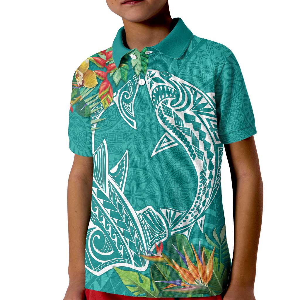 Polynesia Kid Polo Shirt Sharks Duo Tropical Teal