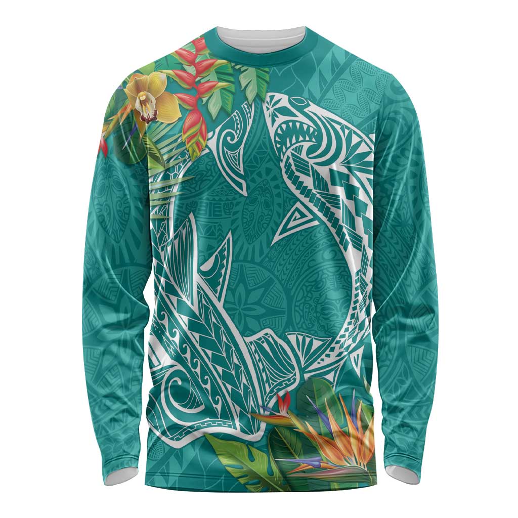 Polynesia Long Sleeve Shirt Sharks Duo Tropical Teal LT7 Unisex Teal - Polynesian Pride