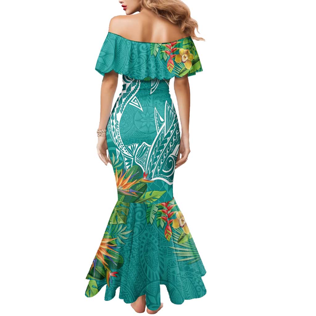 Polynesia Mermaid Dress Sharks Duo Tropical Teal