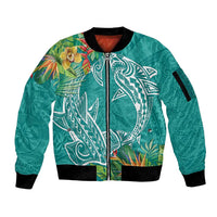 Polynesia Sleeve Zip Bomber Jacket Sharks Duo Tropical Teal