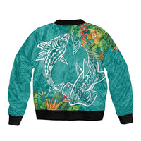 Polynesia Sleeve Zip Bomber Jacket Sharks Duo Tropical Teal