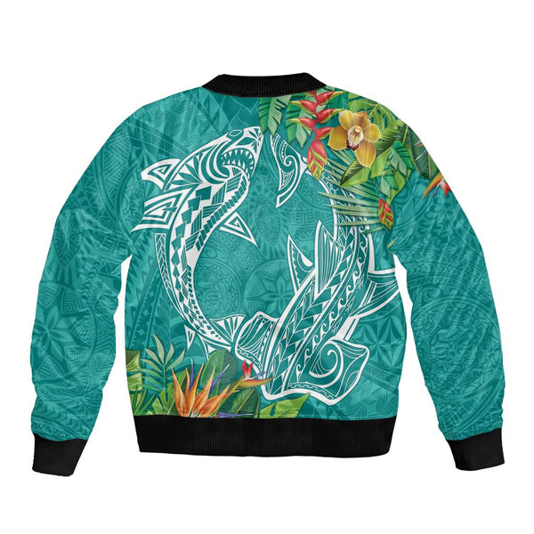 Polynesia Sleeve Zip Bomber Jacket Sharks Duo Tropical Teal LT7