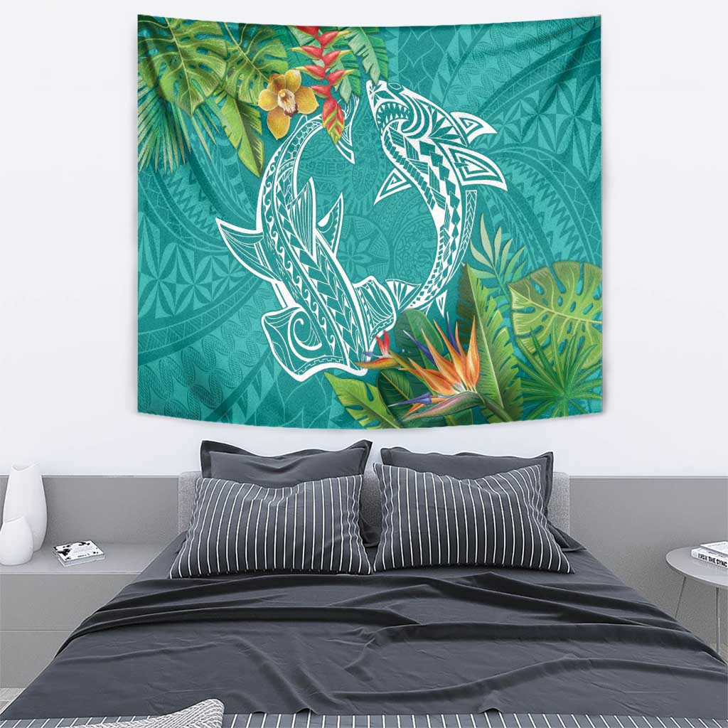 Polynesia Tapestry Sharks Duo Tropical Teal