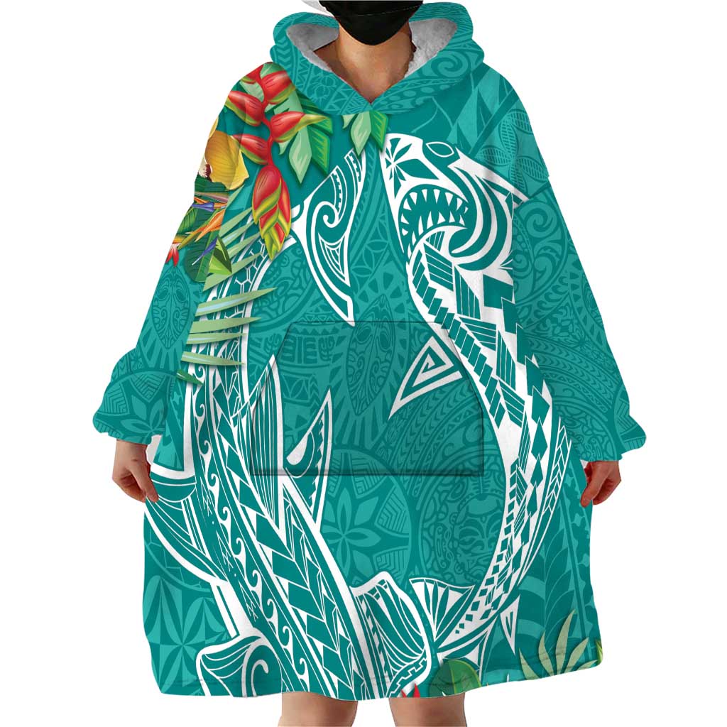 Polynesia Wearable Blanket Hoodie Sharks Duo Tropical Teal