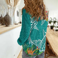 Polynesia Women Casual Shirt Sharks Duo Tropical Teal