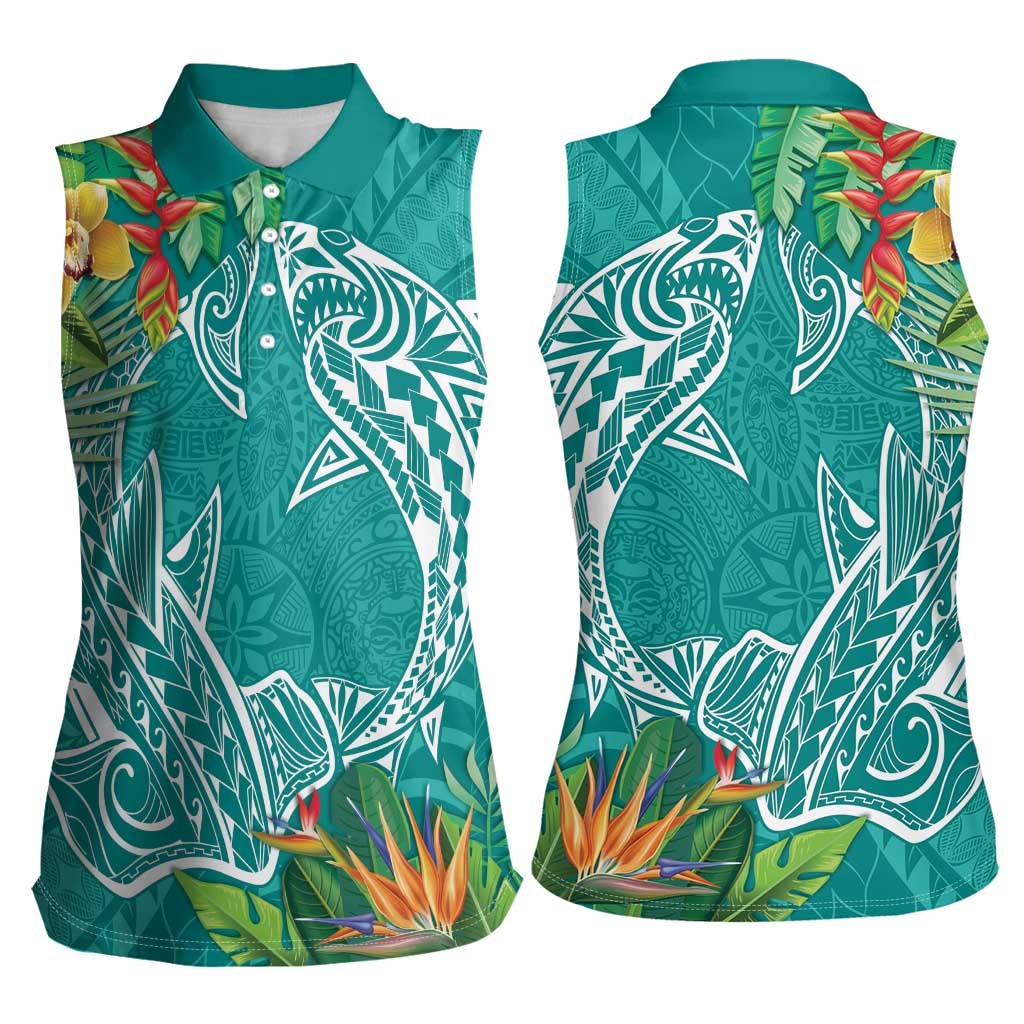 Polynesia Women Sleeveless Polo Shirt Sharks Duo Tropical Teal
