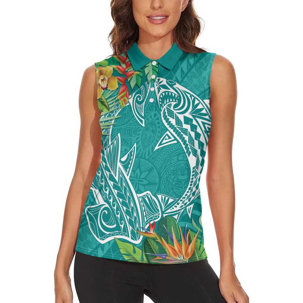 Polynesia Women Sleeveless Polo Shirt Sharks Duo Tropical Teal