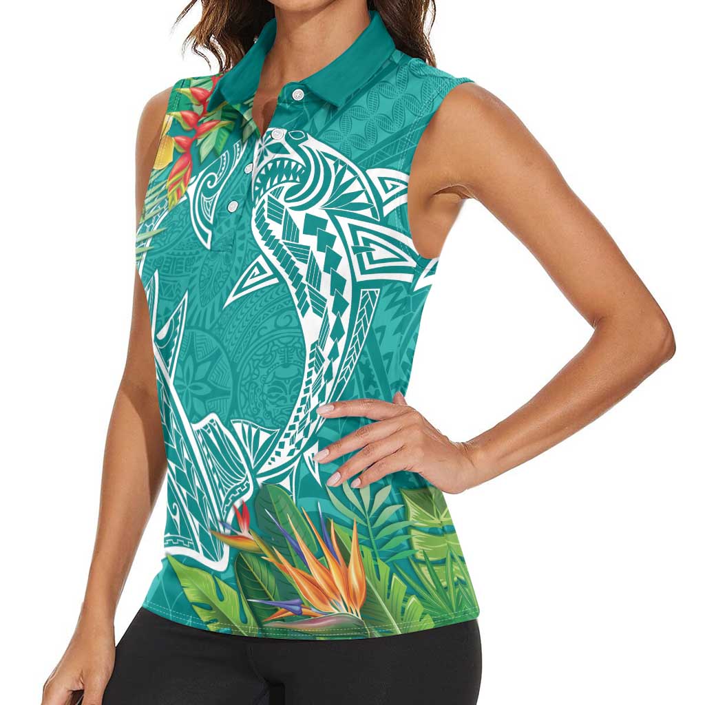 Polynesia Women Sleeveless Polo Shirt Sharks Duo Tropical Teal