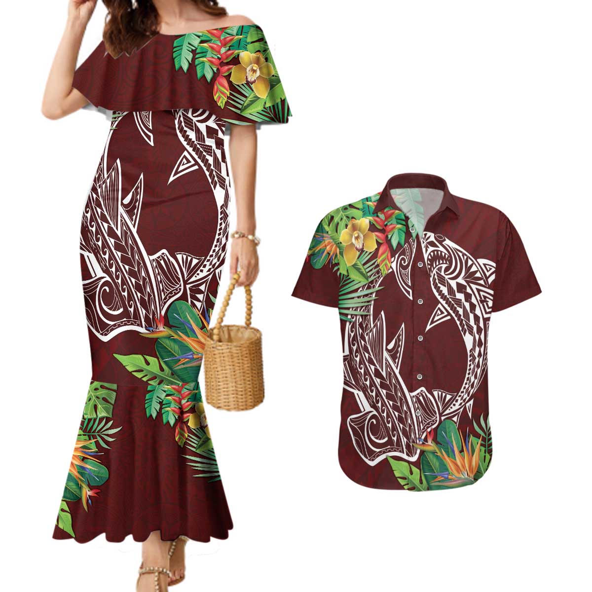 Polynesia Couples Matching Mermaid Dress and Hawaiian Shirt Sharks Duo Tropical Oxblood LT7 Oxblood - Polynesian Pride