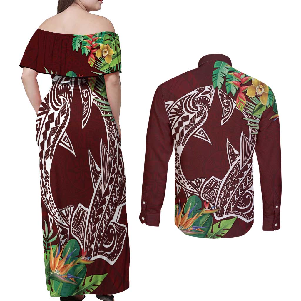 Polynesia Couples Matching Off Shoulder Maxi Dress and Long Sleeve Button Shirt Sharks Duo Tropical Oxblood